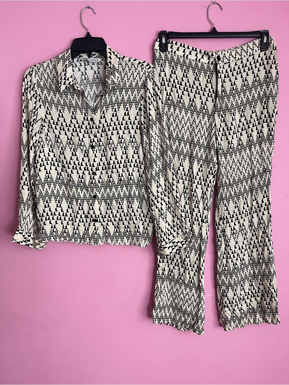 Zara Black & Cream Geometric Wide-Leg Pants (L)and Shirt (M) 2Pcs Matching Set